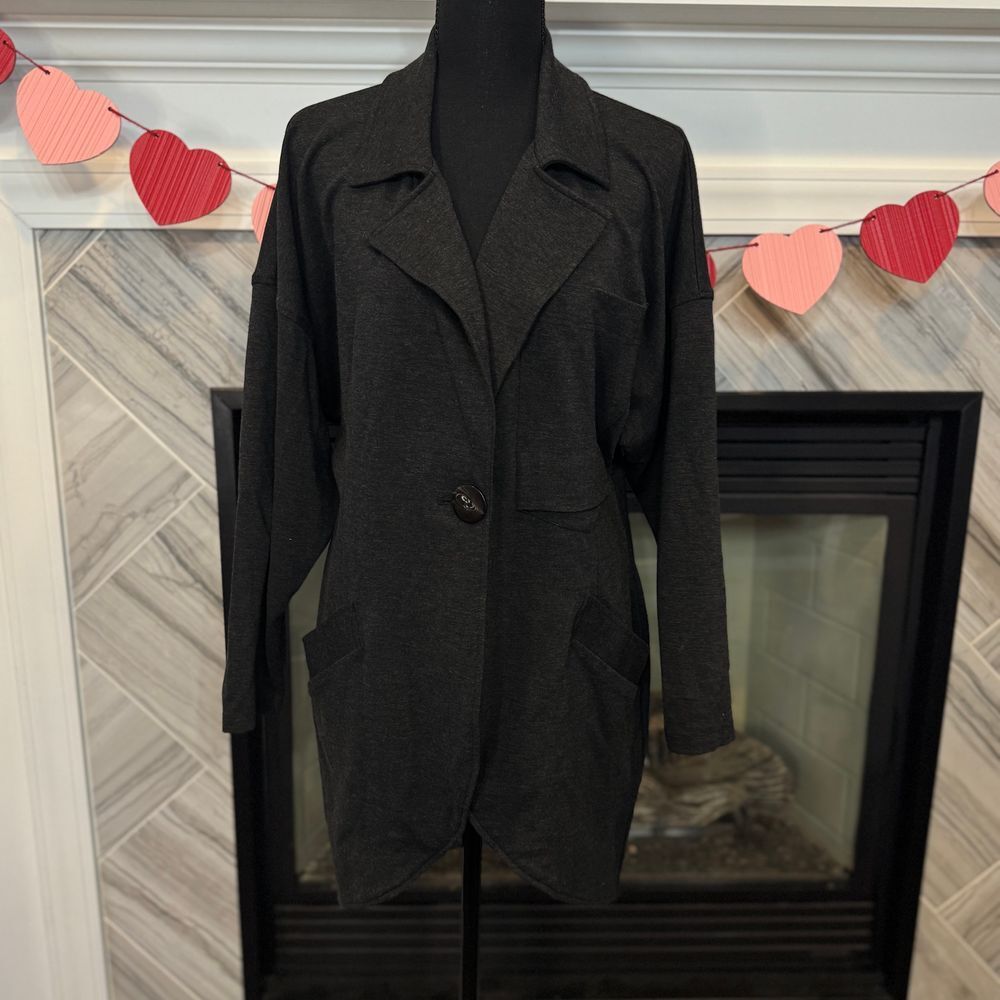 Cabi Knit Blazer Jacket Charcoal Single Button Pockets Oversized Ponte Lisbon SM